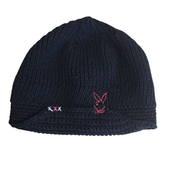 VTG Y2K PLAYBOY Bunny Black Knit Pink Embroidered Beanie Hat RARE - Picture 2 of 12